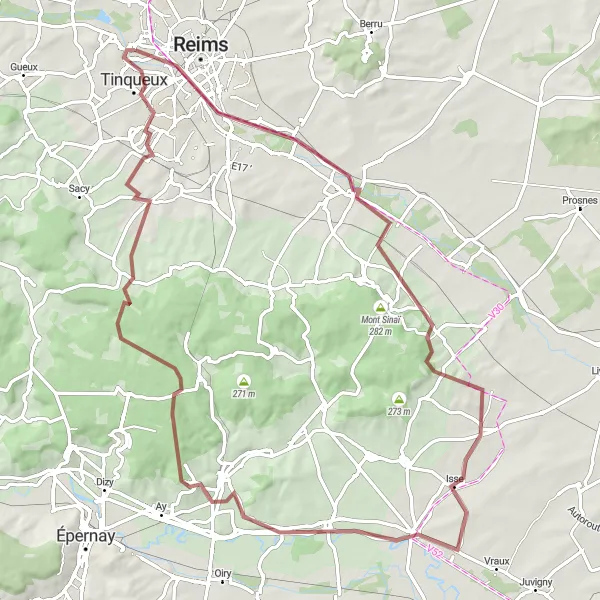 Map miniature of "Scenic Excursion through Reims Countryside" cycling inspiration in Champagne-Ardenne, France. Generated by Tarmacs.app cycling route planner