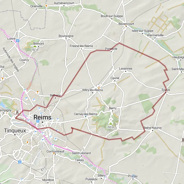 Map miniature of "Exploring the Rural Charm of Reims" cycling inspiration in Champagne-Ardenne, France. Generated by Tarmacs.app cycling route planner