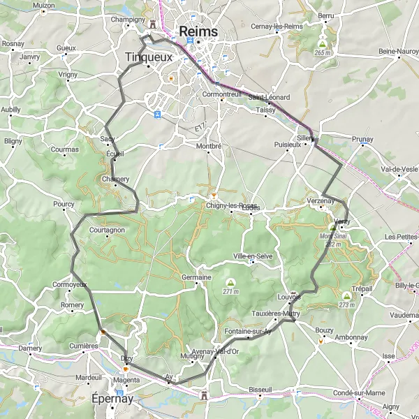 Map miniature of "Tour de Champagne" cycling inspiration in Champagne-Ardenne, France. Generated by Tarmacs.app cycling route planner