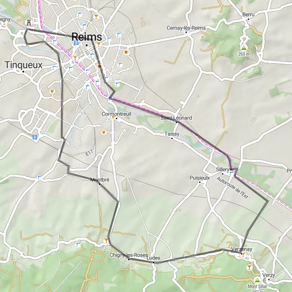 Map miniature of "Reims Discovery Ride" cycling inspiration in Champagne-Ardenne, France. Generated by Tarmacs.app cycling route planner