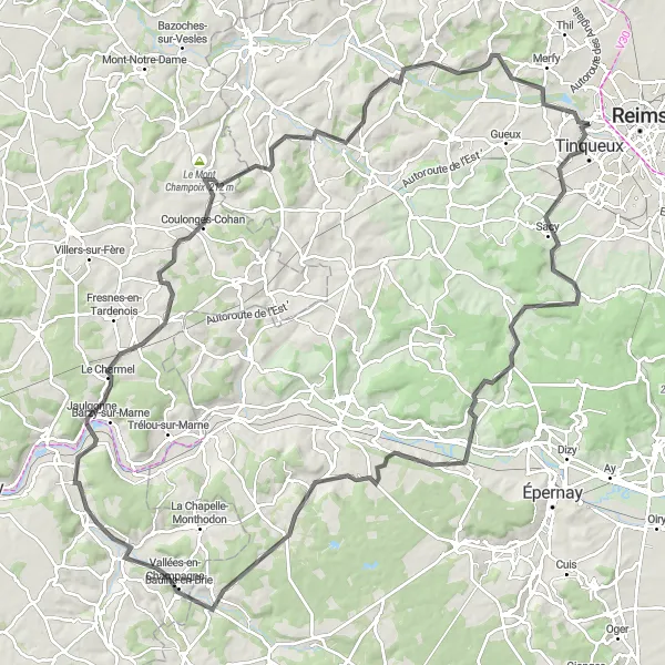 Map miniature of "Champagne Vineyards and Saint-Pierre Mountain Circuit" cycling inspiration in Champagne-Ardenne, France. Generated by Tarmacs.app cycling route planner