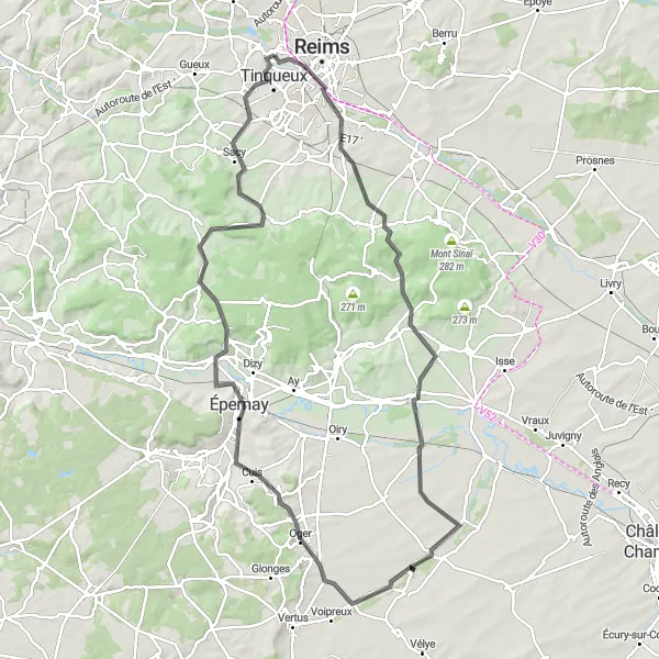 Map miniature of "Marne Valley and Mont Saint-Pierre Loop" cycling inspiration in Champagne-Ardenne, France. Generated by Tarmacs.app cycling route planner