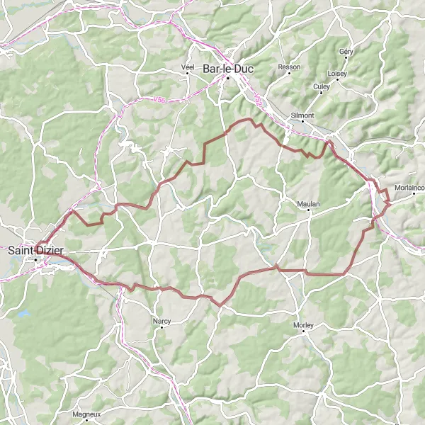 Miniature de la carte de l'inspiration cycliste "Parcours des étangs et forêts de Barrois" dans la Champagne-Ardenne, France. Générée par le planificateur d'itinéraire cycliste Tarmacs.app