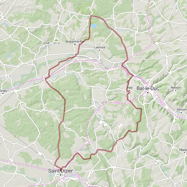 Miniature de la carte de l'inspiration cycliste "Tour des villages de la Vallée de l'Ornain" dans la Champagne-Ardenne, France. Générée par le planificateur d'itinéraire cycliste Tarmacs.app