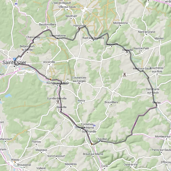 Map miniature of "Charming Ride along Saulx River" cycling inspiration in Champagne-Ardenne, France. Generated by Tarmacs.app cycling route planner