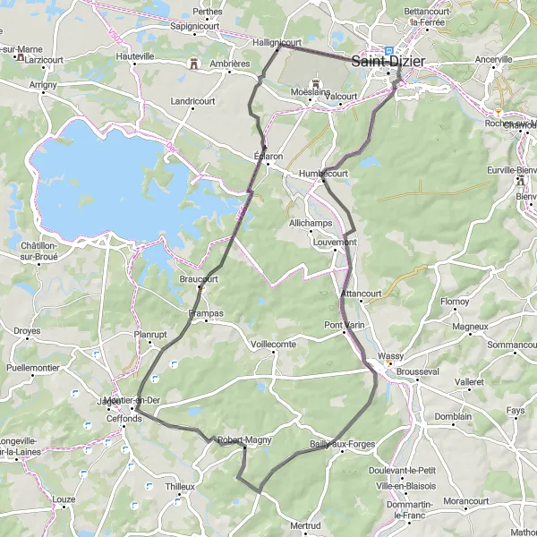 Map miniature of "Hidden Delights of the Der Forest" cycling inspiration in Champagne-Ardenne, France. Generated by Tarmacs.app cycling route planner