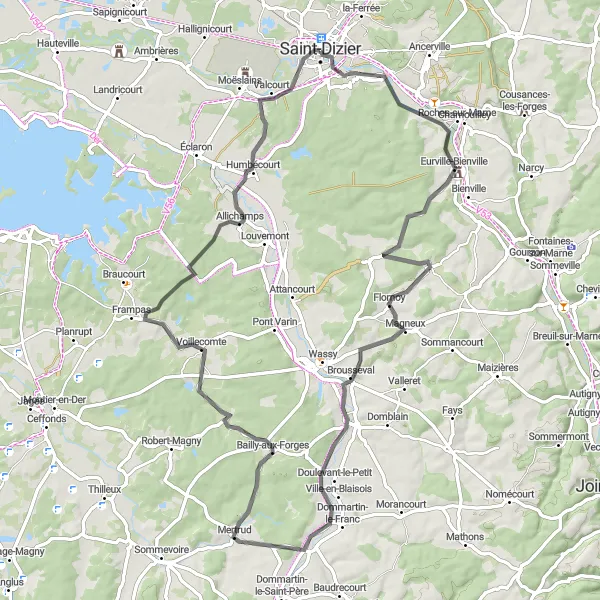Miniature de la carte de l'inspiration cycliste "Escapade dans la Campagne Champenoise" dans la Champagne-Ardenne, France. Générée par le planificateur d'itinéraire cycliste Tarmacs.app