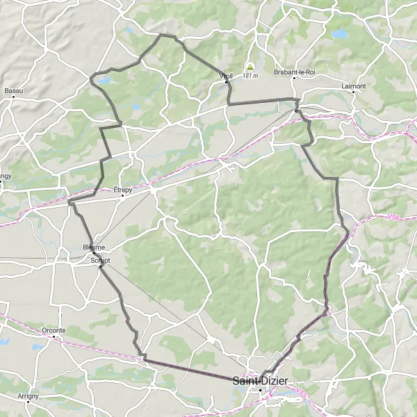 Map miniature of "Champagne Vineyards and Ornain River" cycling inspiration in Champagne-Ardenne, France. Generated by Tarmacs.app cycling route planner