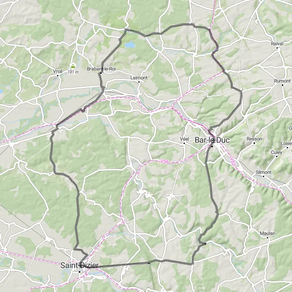 Miniature de la carte de l'inspiration cycliste "La boucle des lacs de la Marne" dans la Champagne-Ardenne, France. Générée par le planificateur d'itinéraire cycliste Tarmacs.app