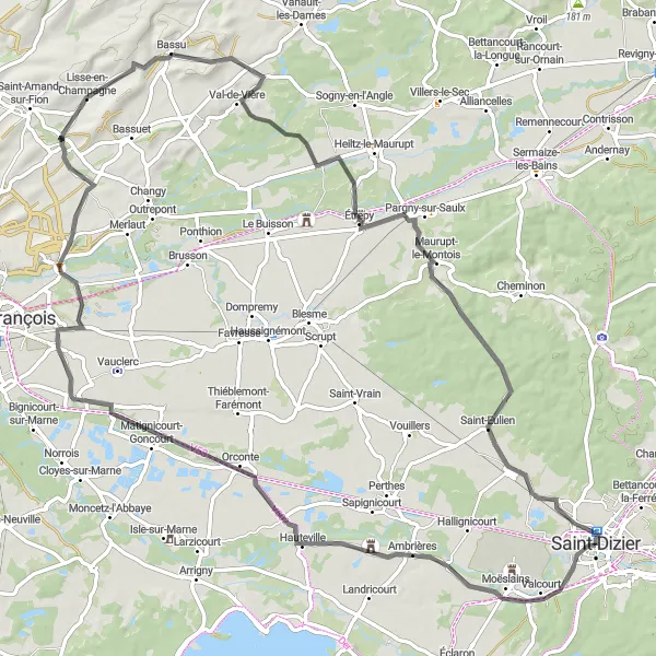 Miniature de la carte de l'inspiration cycliste "Escapade Champenoise" dans la Champagne-Ardenne, France. Générée par le planificateur d'itinéraire cycliste Tarmacs.app