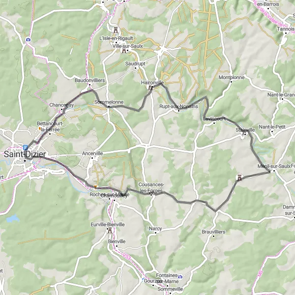 Miniature de la carte de l'inspiration cycliste "Le tour des villages pittoresques" dans la Champagne-Ardenne, France. Générée par le planificateur d'itinéraire cycliste Tarmacs.app
