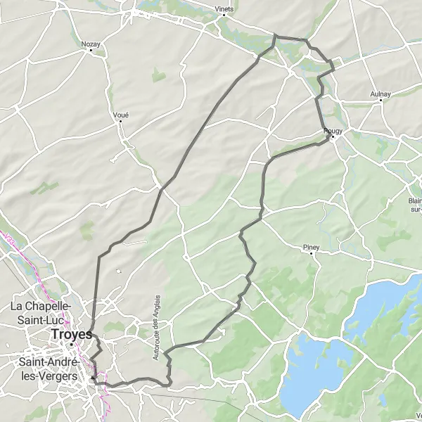 Map miniature of "Exploring the Barbuise Valley" cycling inspiration in Champagne-Ardenne, France. Generated by Tarmacs.app cycling route planner