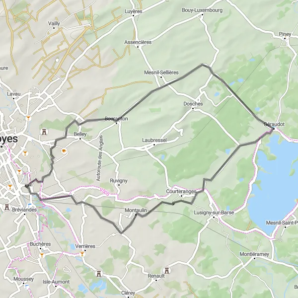 Map miniature of "Leisurely Road Ride to Villechétif" cycling inspiration in Champagne-Ardenne, France. Generated by Tarmacs.app cycling route planner