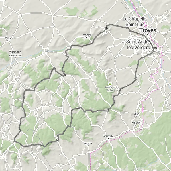 Miniature de la carte de l'inspiration cycliste "Défi sportif à travers les collines de l'Aube" dans la Champagne-Ardenne, France. Générée par le planificateur d'itinéraire cycliste Tarmacs.app