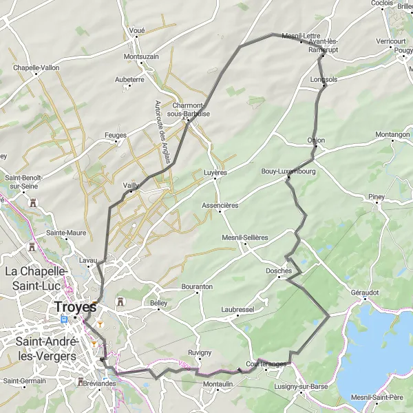 Miniature de la carte de l'inspiration cycliste "Le tour des villages pittoresques de la Champagne" dans la Champagne-Ardenne, France. Générée par le planificateur d'itinéraire cycliste Tarmacs.app