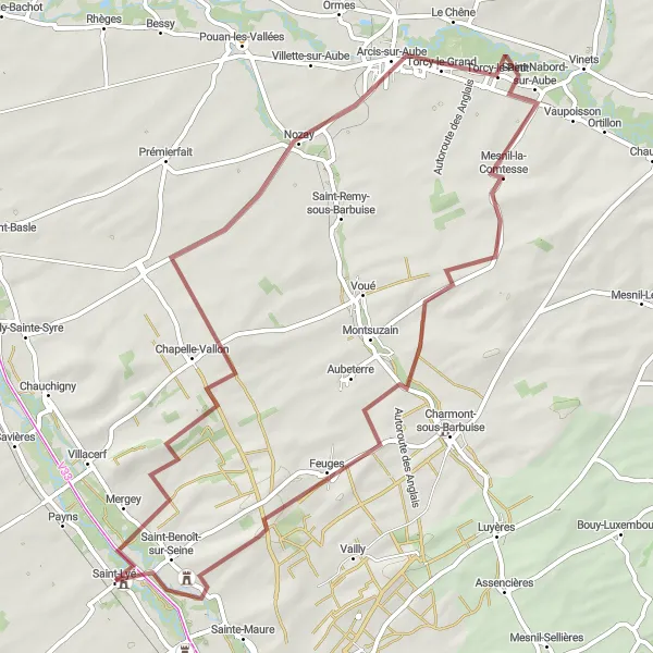 Map miniature of "Seine Valley Gravel Escape" cycling inspiration in Champagne-Ardenne, France. Generated by Tarmacs.app cycling route planner