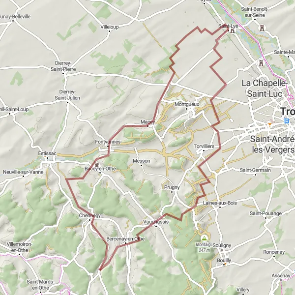 Map miniature of "Othe Valley Gravel Discovery" cycling inspiration in Champagne-Ardenne, France. Generated by Tarmacs.app cycling route planner