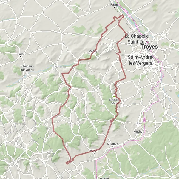 Miniature de la carte de l'inspiration cycliste "Aventure gravel autour de Saint-Lyé" dans la Champagne-Ardenne, France. Générée par le planificateur d'itinéraire cycliste Tarmacs.app