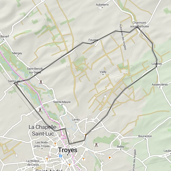 Map miniature of "Troyes Rural Excursion" cycling inspiration in Champagne-Ardenne, France. Generated by Tarmacs.app cycling route planner