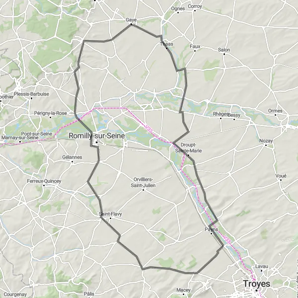 Miniature de la carte de l'inspiration cycliste "Le Tour de la Seine" dans la Champagne-Ardenne, France. Générée par le planificateur d'itinéraire cycliste Tarmacs.app