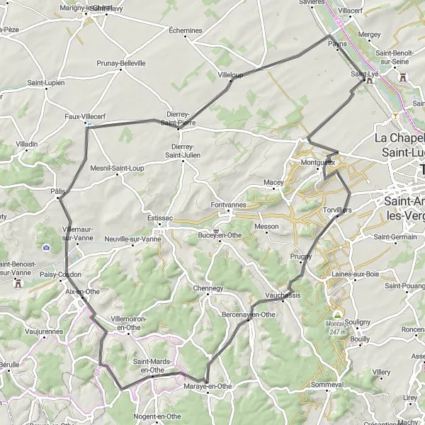 Miniature de la carte de l'inspiration cycliste "Boucle champenoise à partir de Saint-Lyé" dans la Champagne-Ardenne, France. Générée par le planificateur d'itinéraire cycliste Tarmacs.app