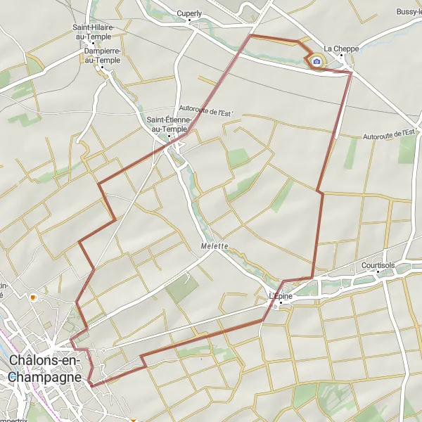 Miniature de la carte de l'inspiration cycliste "Boucle des Chemins du Terroir" dans la Champagne-Ardenne, France. Générée par le planificateur d'itinéraire cycliste Tarmacs.app