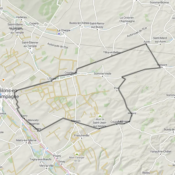 Map miniature of "The Courtisols Loop" cycling inspiration in Champagne-Ardenne, France. Generated by Tarmacs.app cycling route planner