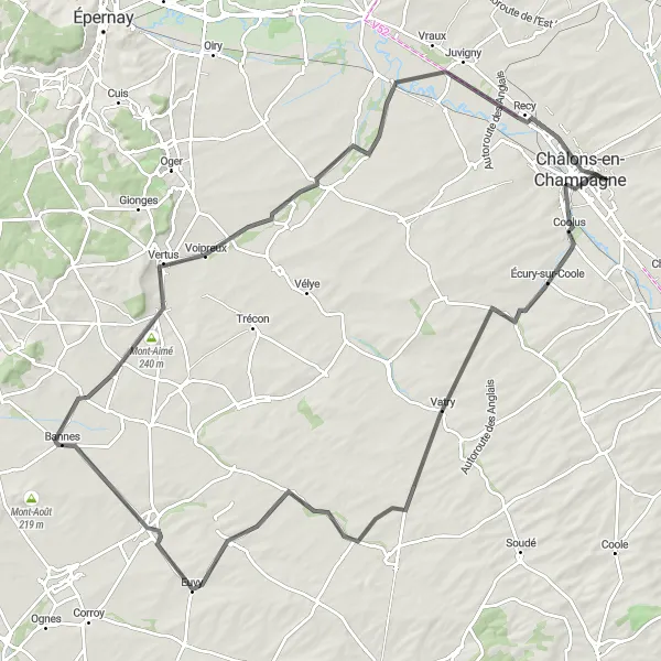 Map miniature of "Champagne and History" cycling inspiration in Champagne-Ardenne, France. Generated by Tarmacs.app cycling route planner