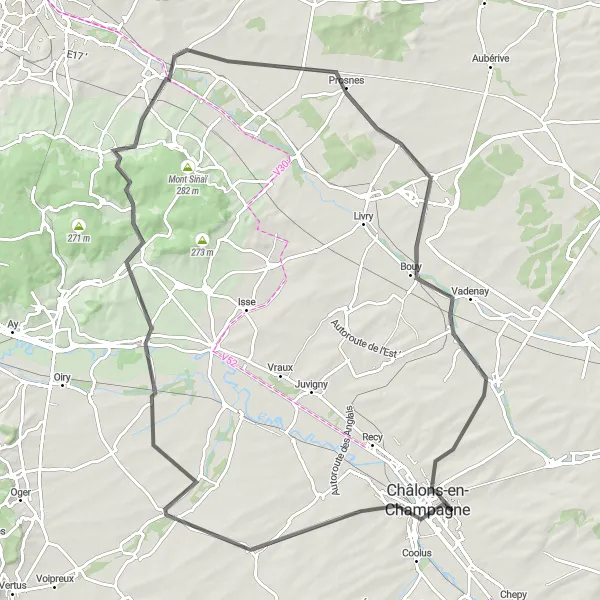 Map miniature of "Champagne Circuit" cycling inspiration in Champagne-Ardenne, France. Generated by Tarmacs.app cycling route planner