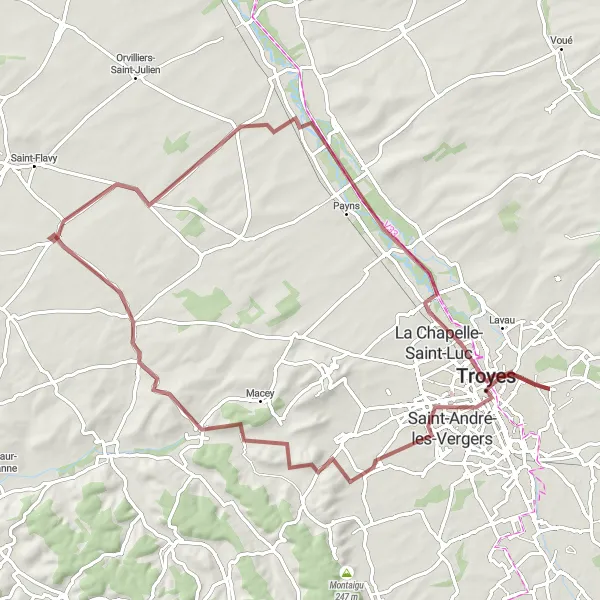 Miniature de la carte de l'inspiration cycliste "Les Chemins de l'Aube" dans la Champagne-Ardenne, France. Générée par le planificateur d'itinéraire cycliste Tarmacs.app