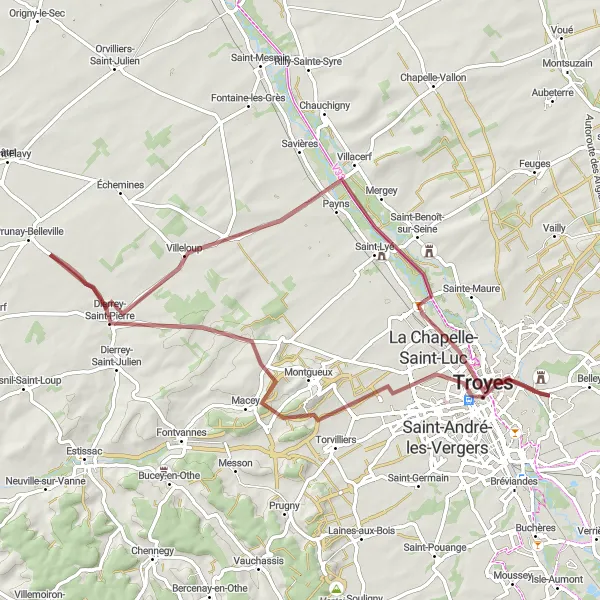 Map miniature of "The Troyes Gravel Adventure" cycling inspiration in Champagne-Ardenne, France. Generated by Tarmacs.app cycling route planner