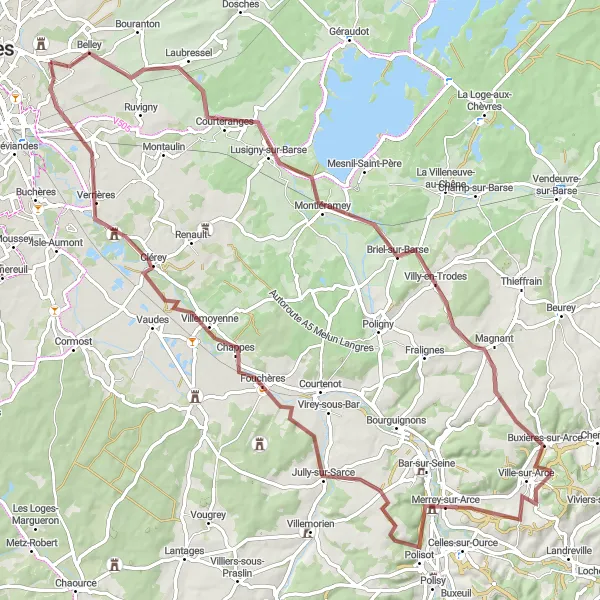 Miniature de la carte de l'inspiration cycliste "Boucle des Trois Vallées" dans la Champagne-Ardenne, France. Générée par le planificateur d'itinéraire cycliste Tarmacs.app