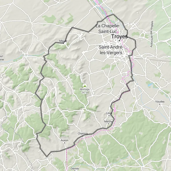 Map miniature of "Road Cycling Odyssey: From Saint-Parres-aux-Tertres to Sainte-Maure" cycling inspiration in Champagne-Ardenne, France. Generated by Tarmacs.app cycling route planner
