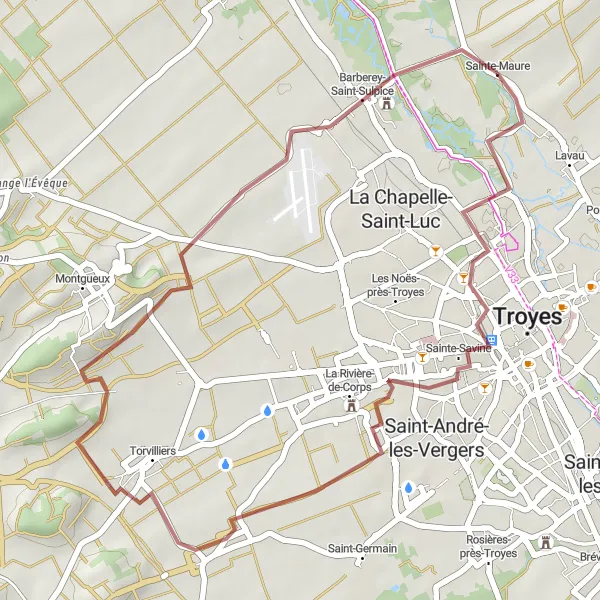 Miniature de la carte de l'inspiration cycliste "Les Chemins de Sainte-Savine" dans la Champagne-Ardenne, France. Générée par le planificateur d'itinéraire cycliste Tarmacs.app