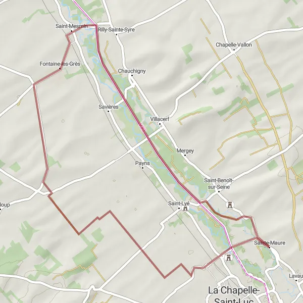 Map miniature of "Discovering Architectural Gems in Barbery-Saint-Sulpice and Fontaine-les-Grès" cycling inspiration in Champagne-Ardenne, France. Generated by Tarmacs.app cycling route planner