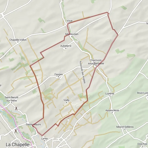 Miniature de la carte de l'inspiration cycliste "Balade dans la Campagne Champenoise" dans la Champagne-Ardenne, France. Générée par le planificateur d'itinéraire cycliste Tarmacs.app
