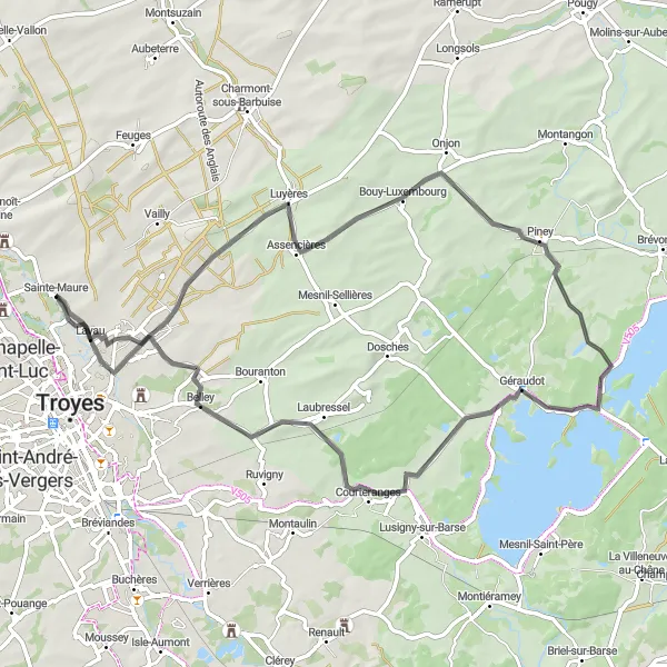 Map miniature of "Enchanting Villages: Creney-près-Troyes and Géraudot" cycling inspiration in Champagne-Ardenne, France. Generated by Tarmacs.app cycling route planner