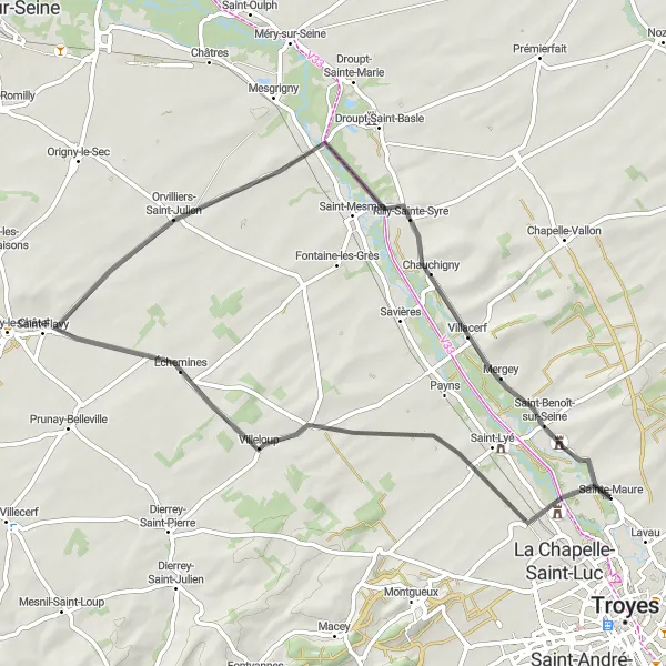 Miniature de la carte de l'inspiration cycliste "Les Vallées de Barberey-Saint-Sulpice" dans la Champagne-Ardenne, France. Générée par le planificateur d'itinéraire cycliste Tarmacs.app