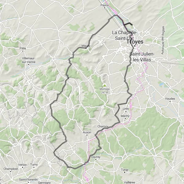 Miniature de la carte de l'inspiration cycliste "La Route des Châteaux et des Vignobles" dans la Champagne-Ardenne, France. Générée par le planificateur d'itinéraire cycliste Tarmacs.app