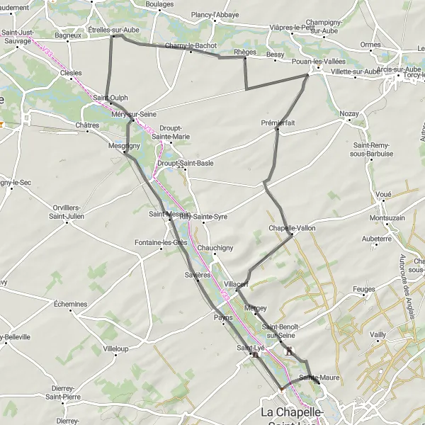 Miniature de la carte de l'inspiration cycliste "La Boucle de Longueville-sur-Aube" dans la Champagne-Ardenne, France. Générée par le planificateur d'itinéraire cycliste Tarmacs.app