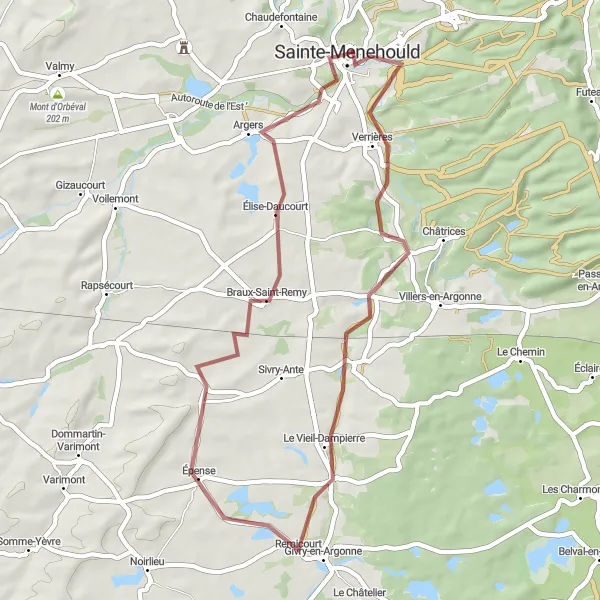 Map miniature of "The Winding Trails of Argonne" cycling inspiration in Champagne-Ardenne, France. Generated by Tarmacs.app cycling route planner