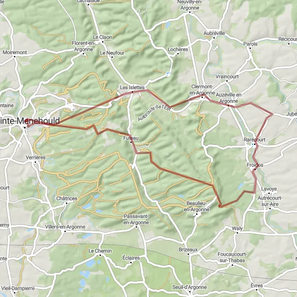 Map miniature of "Adventure through Clermont-en-Argonne and Rarécourt on a Gravel Route" cycling inspiration in Champagne-Ardenne, France. Generated by Tarmacs.app cycling route planner