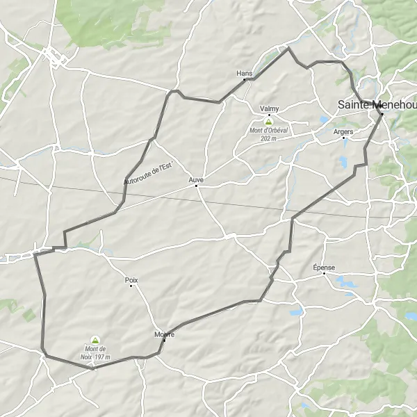 Miniature de la carte de l'inspiration cycliste "Les Vallées de Champagne" dans la Champagne-Ardenne, France. Générée par le planificateur d'itinéraire cycliste Tarmacs.app