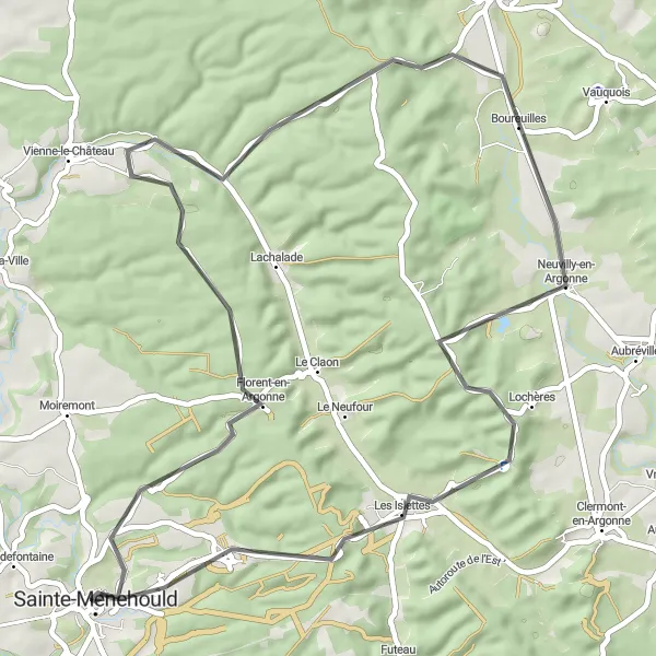 Map miniature of "Road Cycling Adventure through Florent-en-Argonne and Les Islettes" cycling inspiration in Champagne-Ardenne, France. Generated by Tarmacs.app cycling route planner