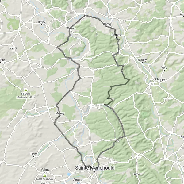 Miniature de la carte de l'inspiration cycliste "Itinéraire panoramique vers Chatel-Chéhéry" dans la Champagne-Ardenne, France. Générée par le planificateur d'itinéraire cycliste Tarmacs.app