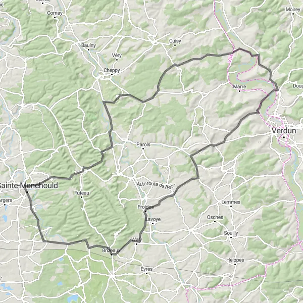 Map miniature of "Champagne-Ardenne Cycling Adventure" cycling inspiration in Champagne-Ardenne, France. Generated by Tarmacs.app cycling route planner