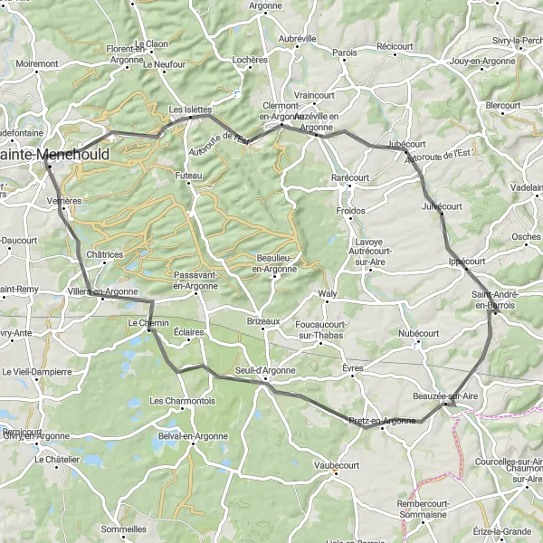 Miniature de la carte de l'inspiration cycliste "Boucle de la Vallée de l'Argonne" dans la Champagne-Ardenne, France. Générée par le planificateur d'itinéraire cycliste Tarmacs.app