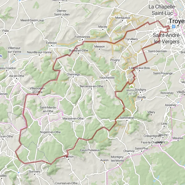 Miniature de la carte de l'inspiration cycliste "Chemin des Villages de l'Othe" dans la Champagne-Ardenne, France. Générée par le planificateur d'itinéraire cycliste Tarmacs.app