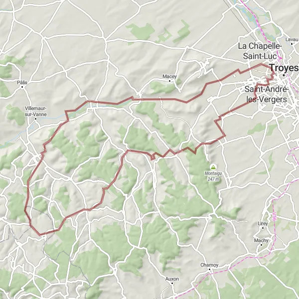 Miniature de la carte de l'inspiration cycliste "Exploration des Paysages de l'Aube" dans la Champagne-Ardenne, France. Générée par le planificateur d'itinéraire cycliste Tarmacs.app