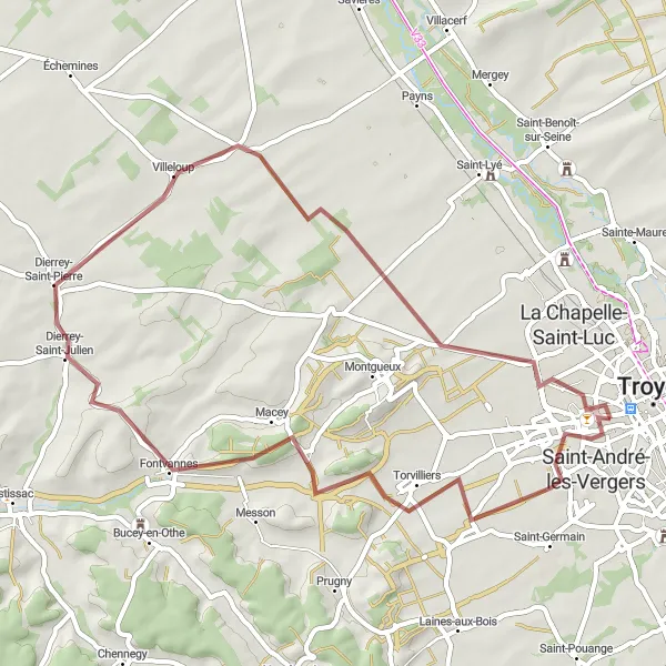 Miniature de la carte de l'inspiration cycliste "Exploration de Saint-André-les-Vergers en Gravel" dans la Champagne-Ardenne, France. Générée par le planificateur d'itinéraire cycliste Tarmacs.app